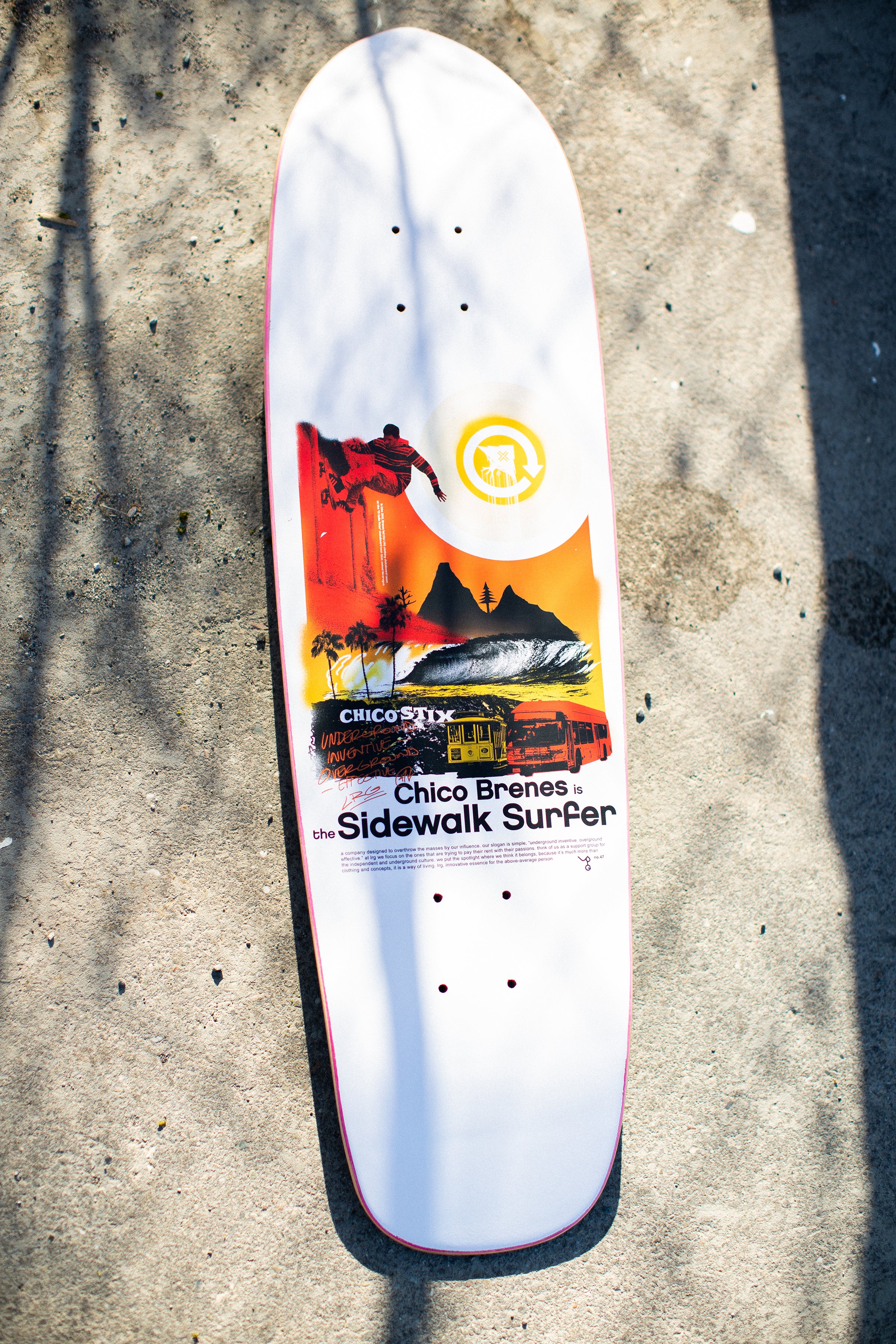 lrgclothing x Chico Stix Sidewalk Surfer tees & 8.5” Cruiser Now Available.  CHICOSTIX.COM 📷 @meckycreus