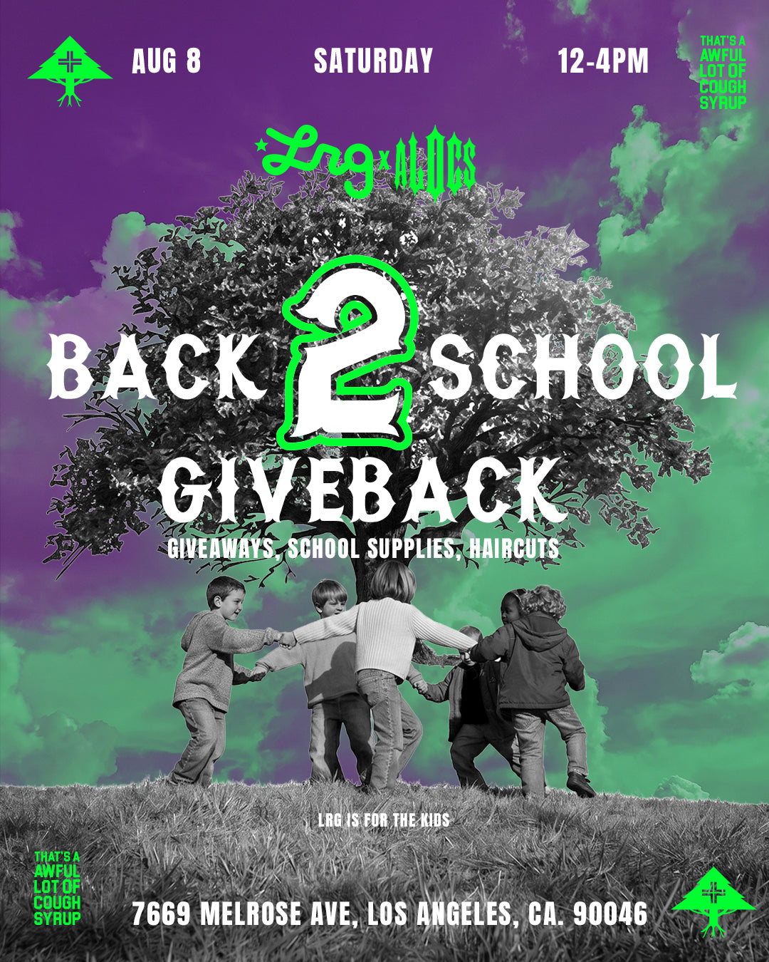 A promotional flyer for the 'Back 2 School Giveback' event by Los Angeles School Supply Co., featuring a large black-and-white tree silhouette over a purple and green sky, with a group of children holding hands at the bottom.