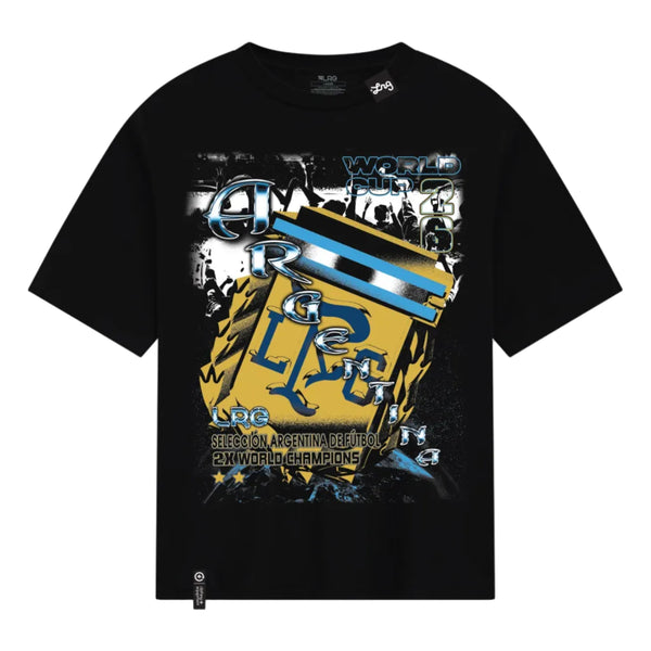 Black t-shirt with graphic design featuring text and logos on a white background 