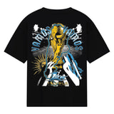 Black t-shirt with a graphic design of a trophy and 'Vamos' text on a white background