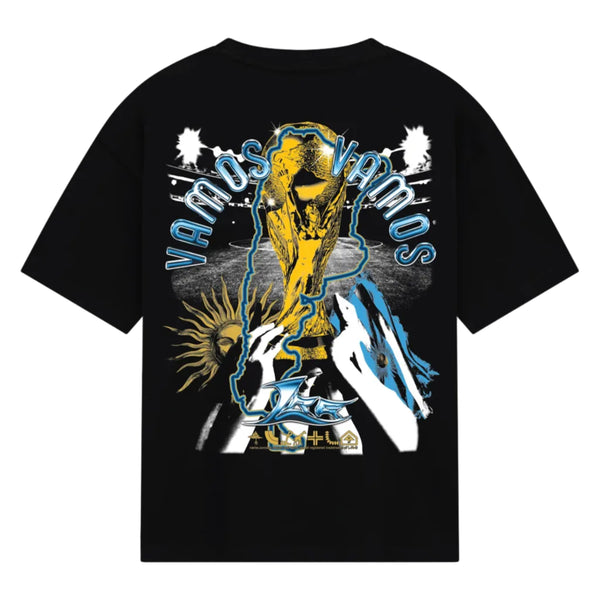 Black t-shirt with a graphic design of a trophy and 'Vamos' text on a white background