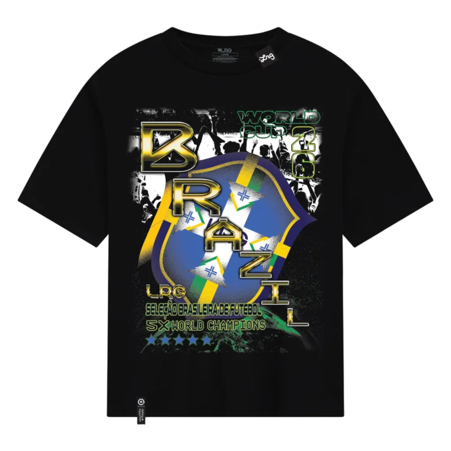 Black t-shirt with Brazilian-themed graphics and text on a white background