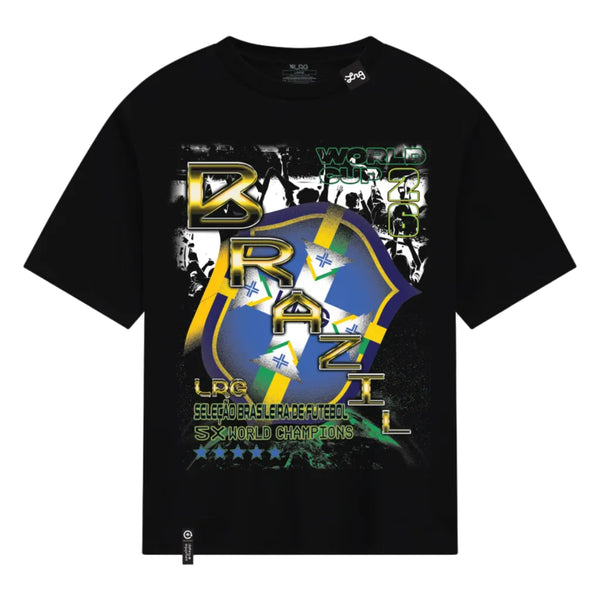 Black t-shirt with Brazilian-themed graphics and text on a white background