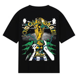 Black t-shirt with graphic design featuring a trophy and text on a white background