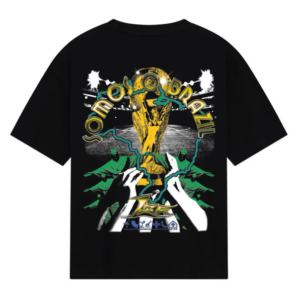 Black t-shirt with graphic design featuring a trophy and text on a white background