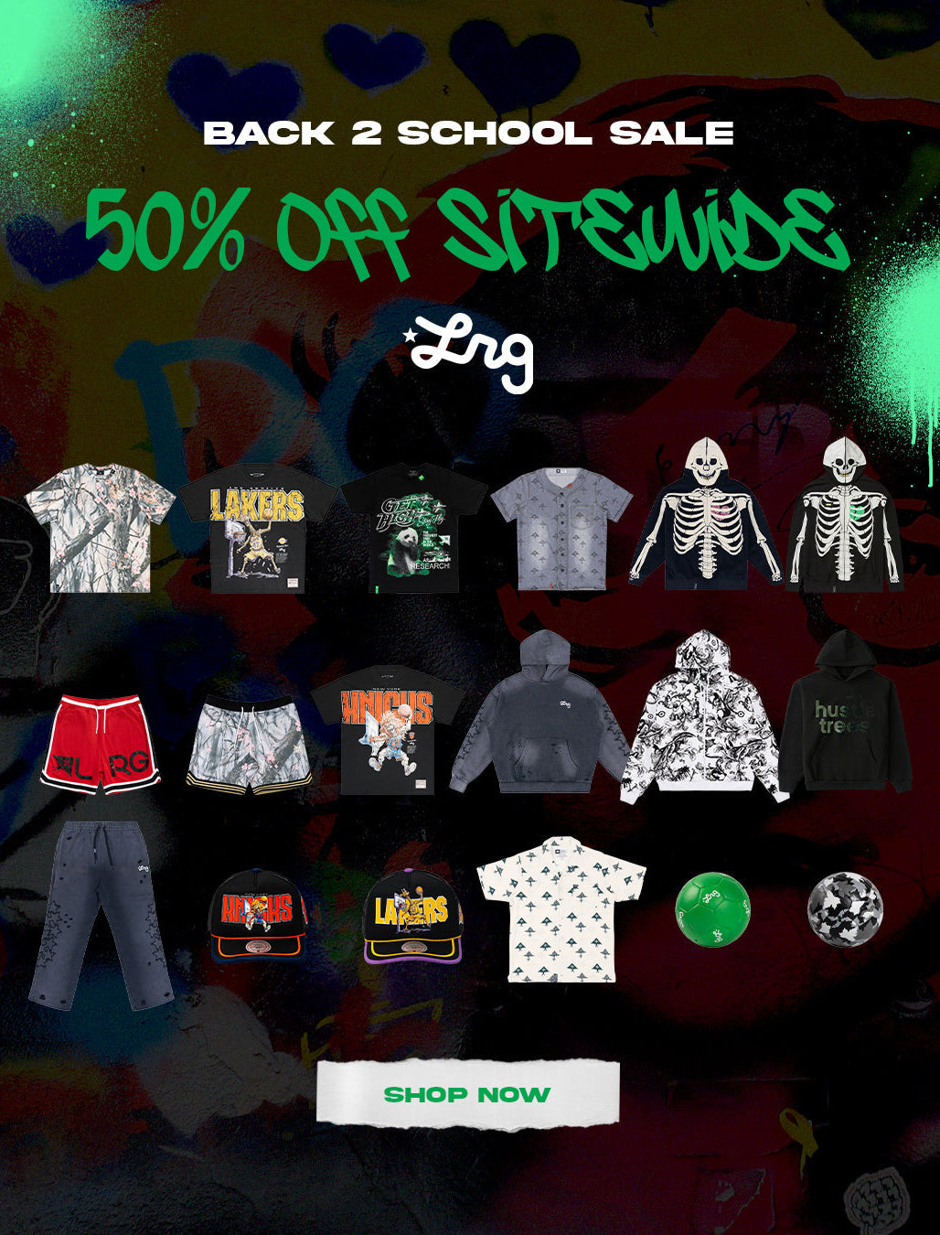 A promotional sale graphic for a clothing store featuring a 'Back 2 School Sale' and '50% Off Sitewide' text over a dark graffiti-style background. Below, multiple apparel items are shown in a grid, including graphic t-shirts, hoodies, shorts, pants, and skeleton-print tops.
