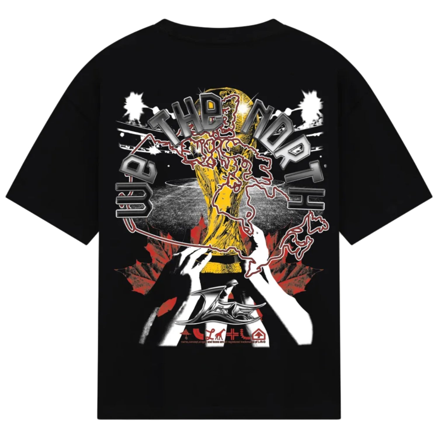 Black t-shirt with graphic design on the back featuring hands and text.