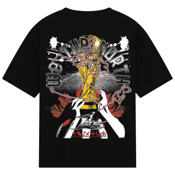 Black t-shirt with graphic design on the back featuring hands and text.
