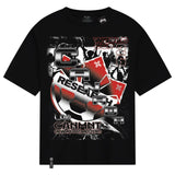 Black t-shirt with red and white graphics and text on a white background