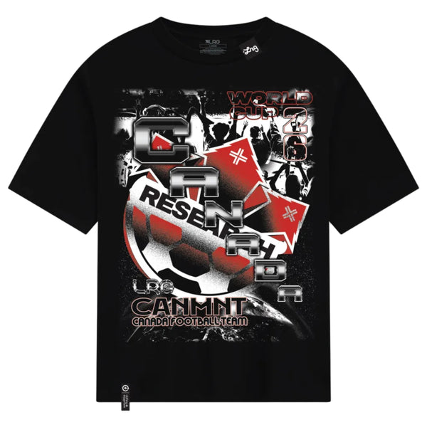 Black t-shirt with red and white graphics and text on a white background