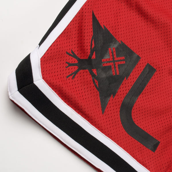 Red sports jersey with black logo on a white background
