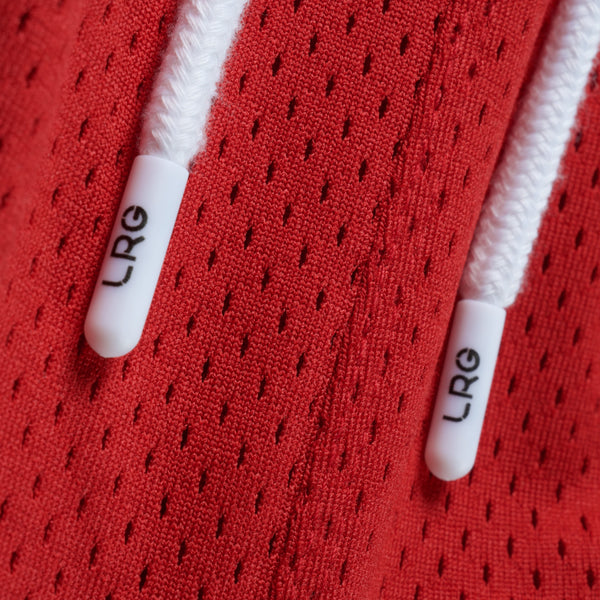 Red hoodie with white drawstrings featuring 'LRG' branding.