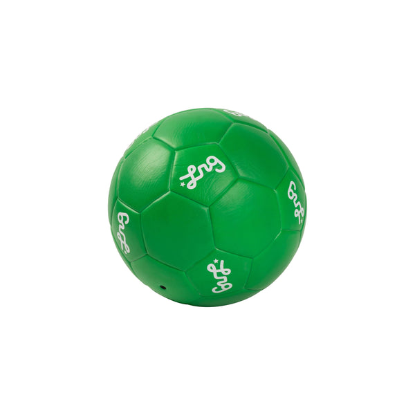 Green soccer ball with white text on a white background