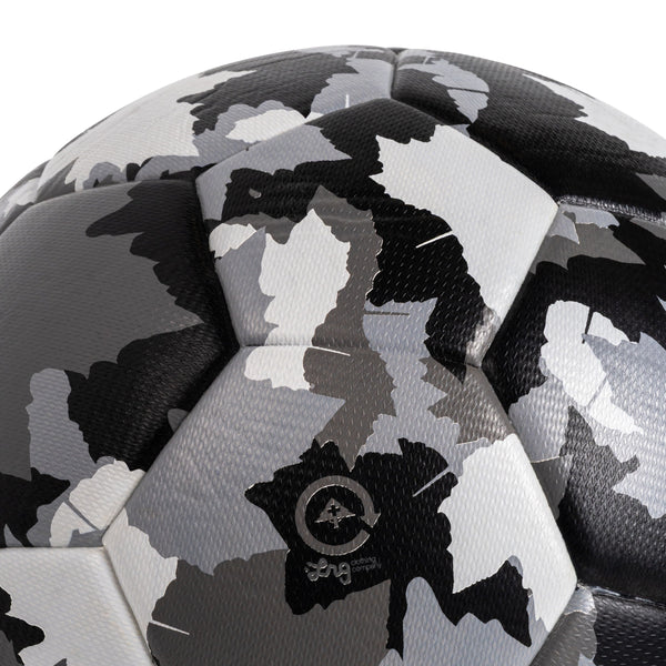Black and white soccer ball with a camouflage pattern on a white background