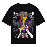 Black t-shirt with a colorful graphic design on a white background