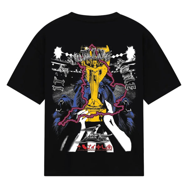 Black t-shirt with a colorful graphic design on a white background