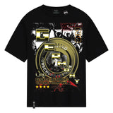 Black t-shirt with gold and red graphic design on a white background