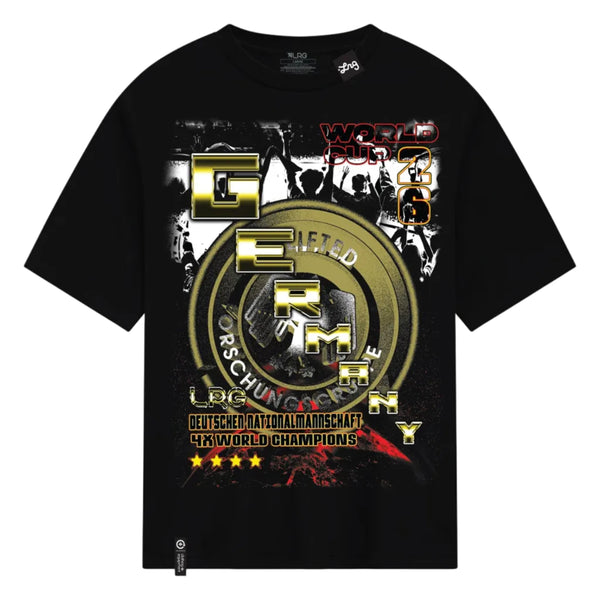 Black t-shirt with gold and red graphic design on a white background