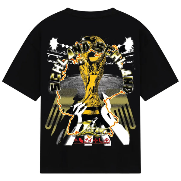 Black t-shirt with graphic design featuring a gold trophy and text on a white background