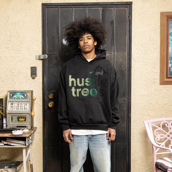 HUSTLE TREES LOGO HOODIE - WASHED GREY