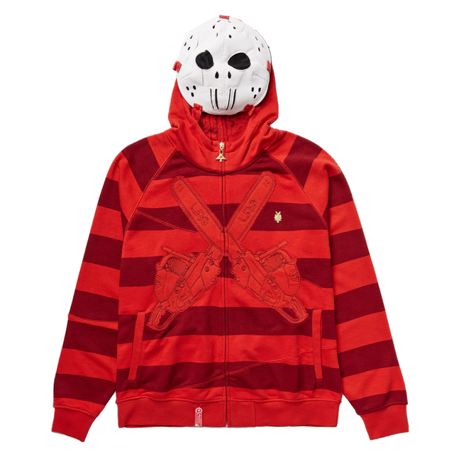 Red and white striped hoodie with a mask on a white background
