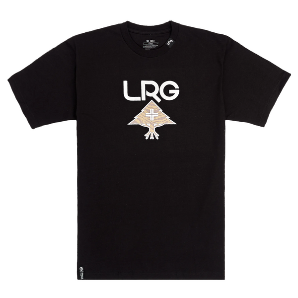 Black t-shirt with LRG logo on a white background