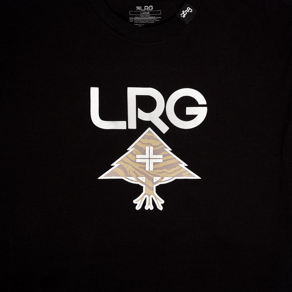 Black t-shirt with LRG logo and tree design on a black background