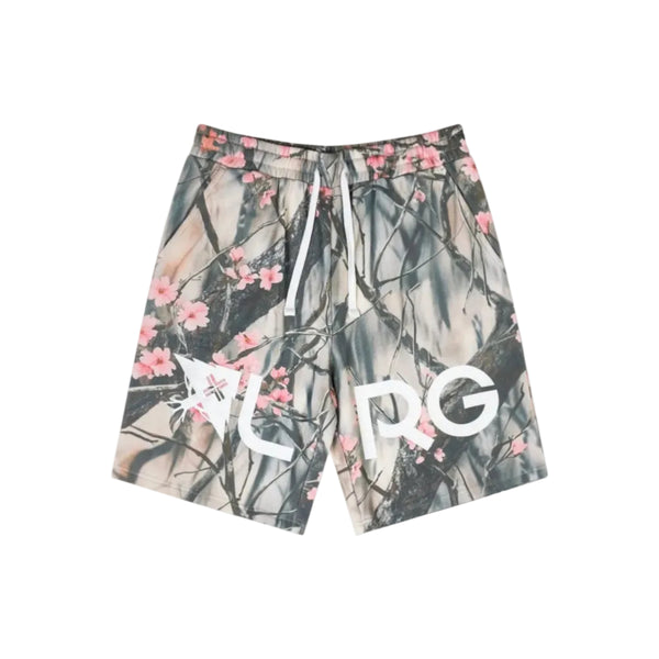 Floral-patterned shorts with 'LRG' branding on a white background