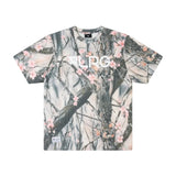 T-shirt with floral and camouflage design on a white background