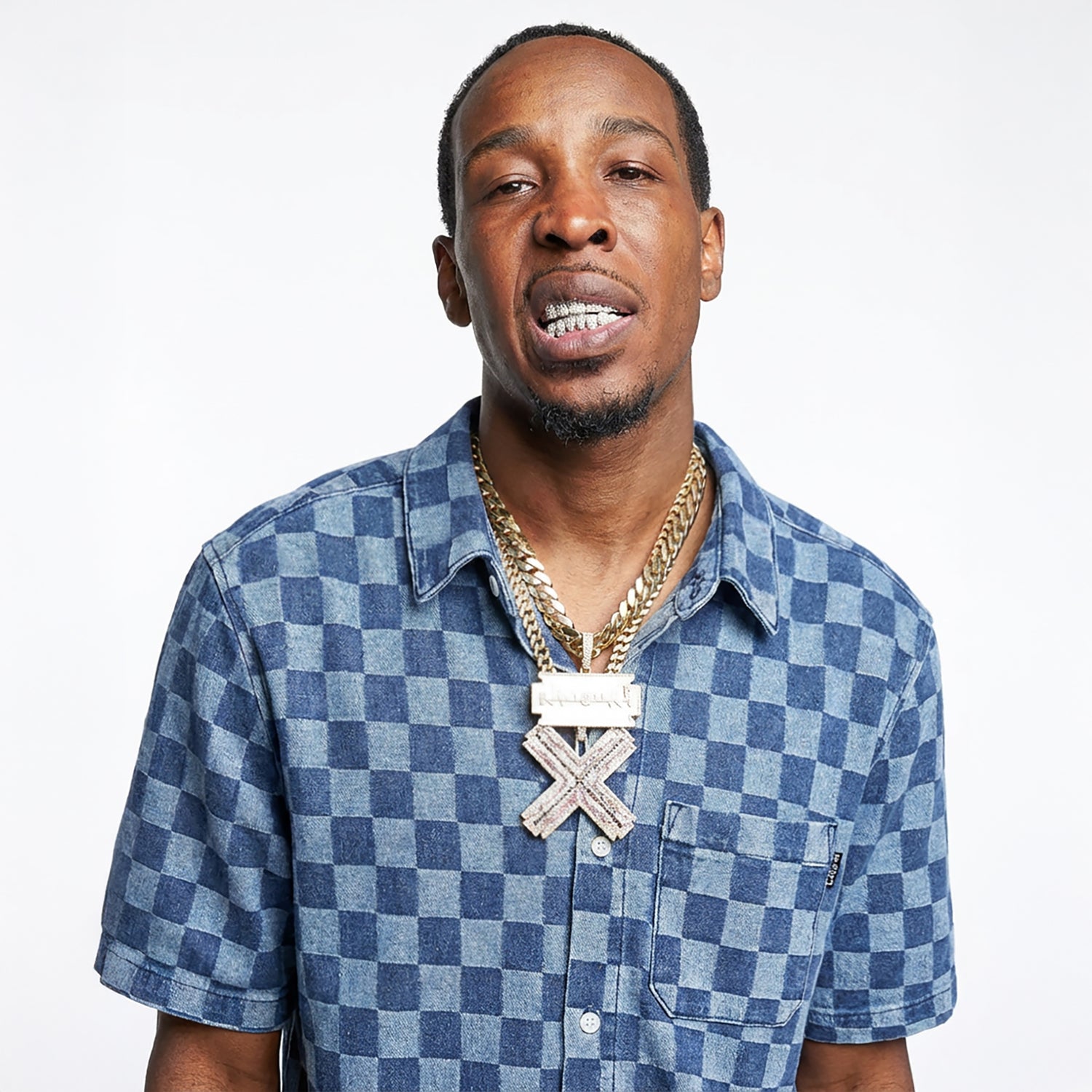 CHECKERBOARD BUTTON UP - Light Indigo