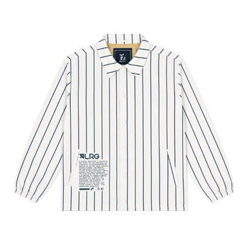 A white long-sleeve collared shirt jacket with thin navy blue vertical pinstripes and a graphic print on the lower left front pocket area, shown flat on a white background.