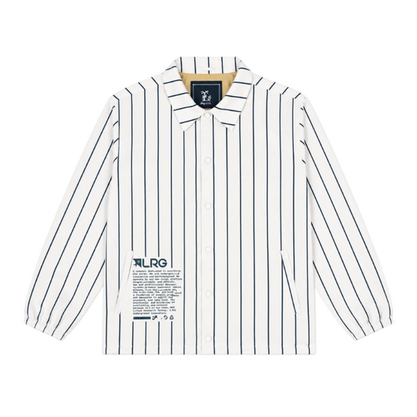 A white long-sleeve collared shirt jacket with thin navy blue vertical pinstripes and a graphic print on the lower left front pocket area, shown flat on a white background.