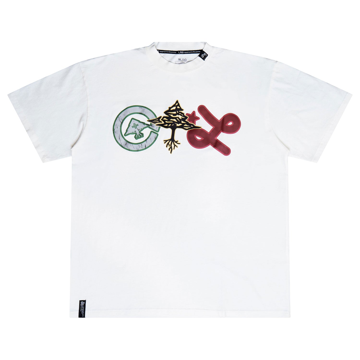 White t-shirt with graphic design on a white background