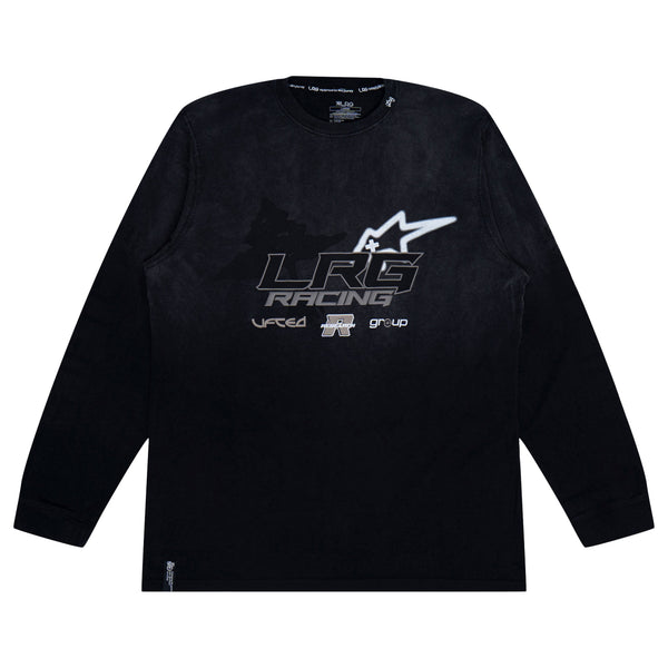 Black long-sleeve shirt with 'LRG Racing' logo on a white background