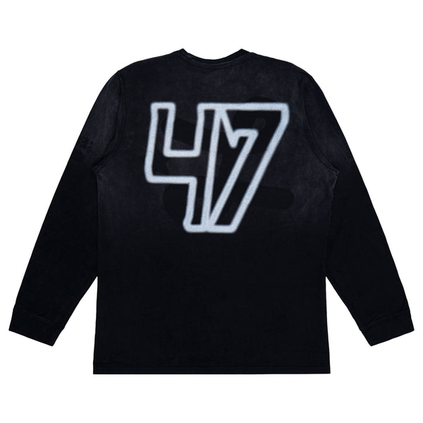 Black long-sleeve shirt with a white number 47 design on the back against a white background