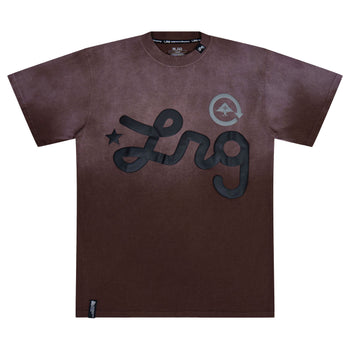 Brown t-shirt with black logo on a white background
