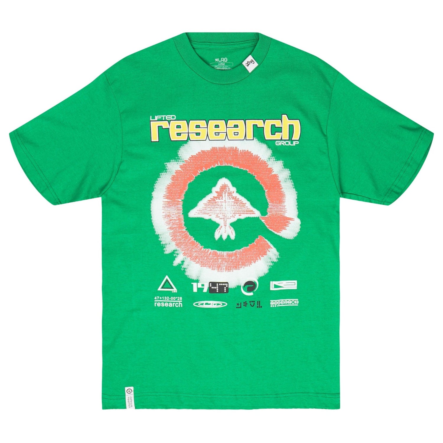 Green t-shirt with 'research' graphic design on a white background
