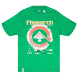 Green t-shirt with 'research' graphic design on a white background