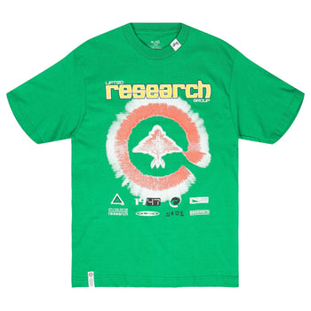 Green t-shirt with 'research' graphic design on a white background