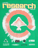 Green t-shirt with 'Lifted Research Group' design featuring a logo and text on a green background.