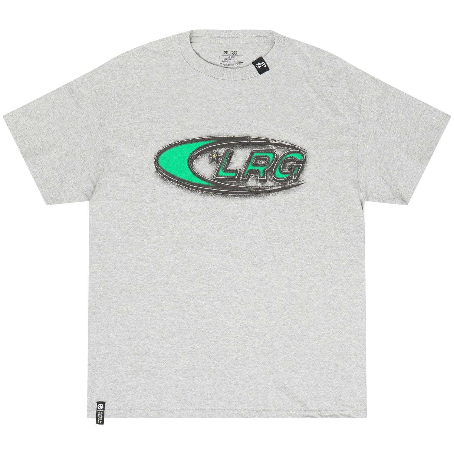 Gray t-shirt with LRG logo on a white background