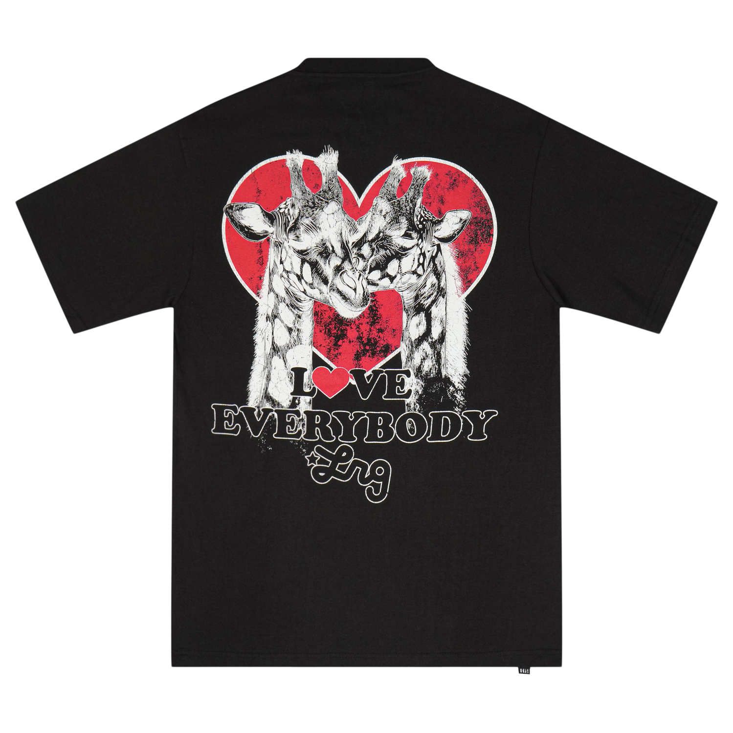 Black t-shirt with a graphic of two giraffes in a heart and 'Love Everybody' text on a white background