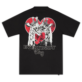 Black t-shirt with a graphic of two giraffes in a heart and 'Love Everybody' text on a white background