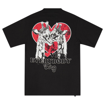 Black t-shirt with a graphic of two giraffes in a heart and 'Love Everybody' text on a white background