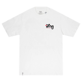 White t-shirt with a logo on a white background