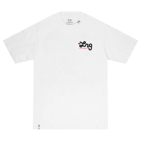 White t-shirt with a logo on a white background