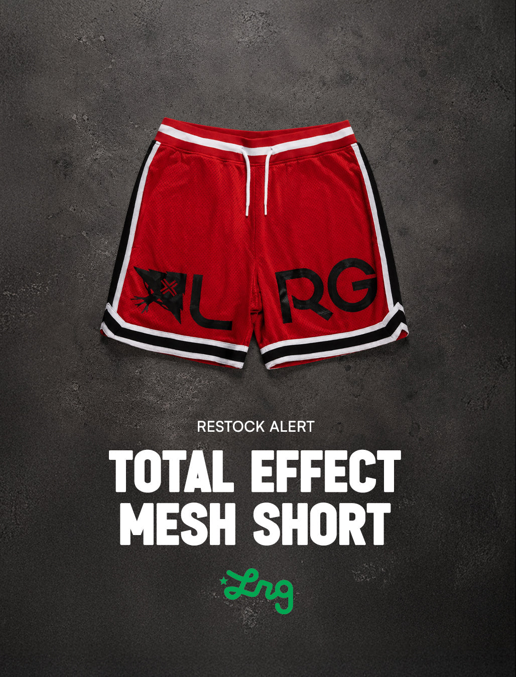 Red athletic mesh shorts with black and white side stripes, a white drawstring, and large black 'TLRG' lettering on the front, displayed on a dark textured background with 'RESTOCK ALERT TOTAL EFFECT MESH SHORT' text below.