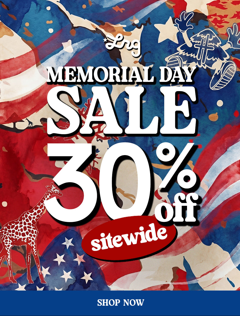 Memorial Day sale advertisement with 30% off text on a colorful background.