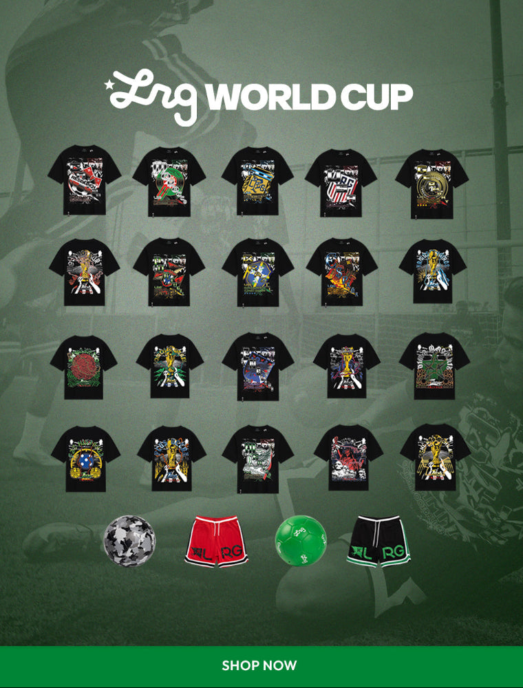 Collection of black t-shirts with various designs on a green background, featuring the LRG World Cup branding.