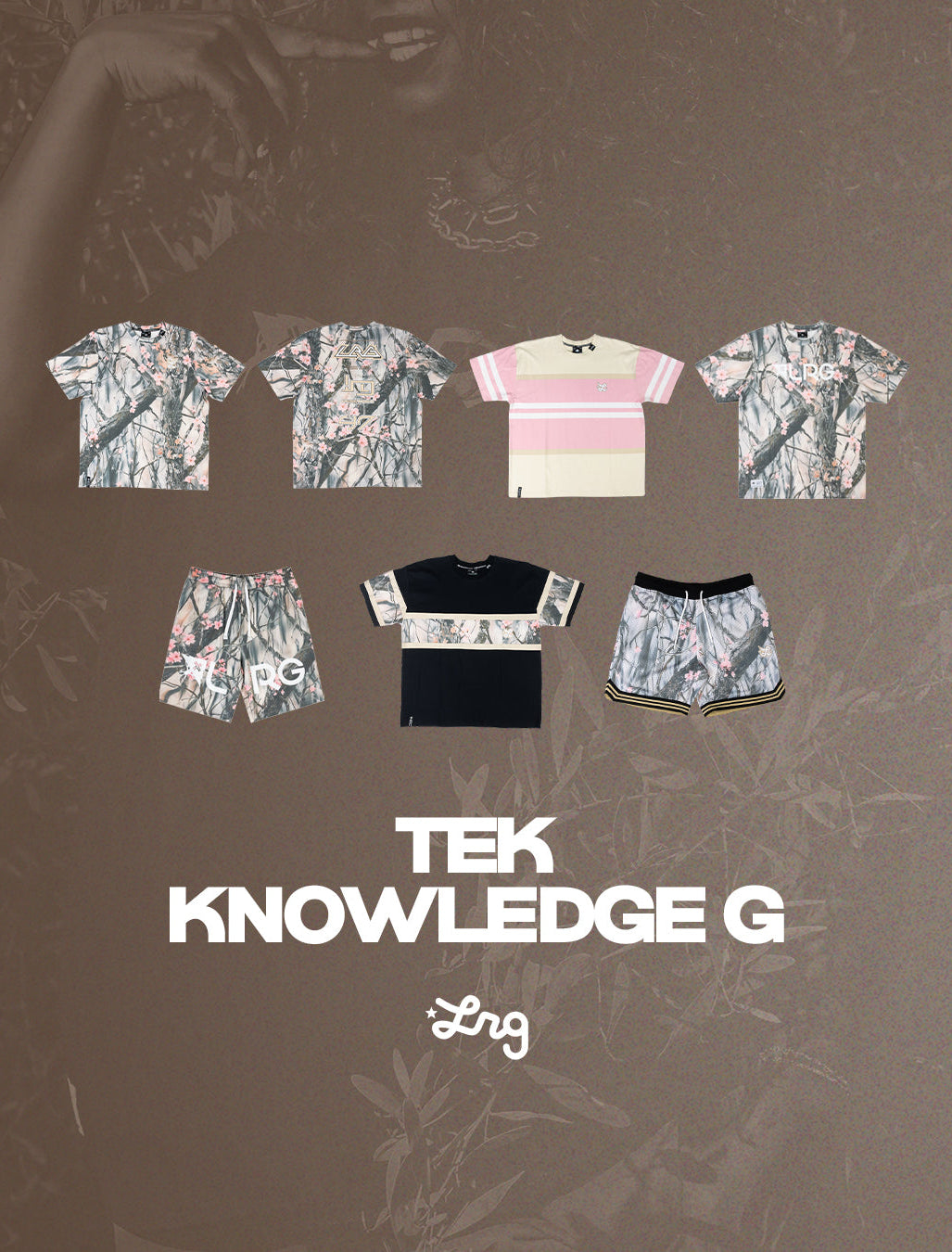 A product collage showing multiple apparel items from the brand TEK KNOWLEDGE G on a brown background with faint botanical imagery. The items include several short-sleeve patterned shirts, matching patterned shorts, and one solid black top with a white graphic band.